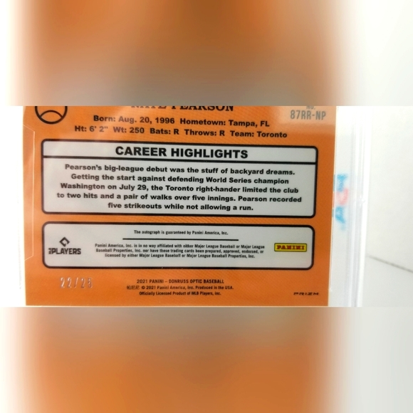 2022 Donruss Optic Nate Pearson RC AUTO RT 87 BLK Cracked Ice/25 #87RRNP -PSA 10 - Picture 3 of 3